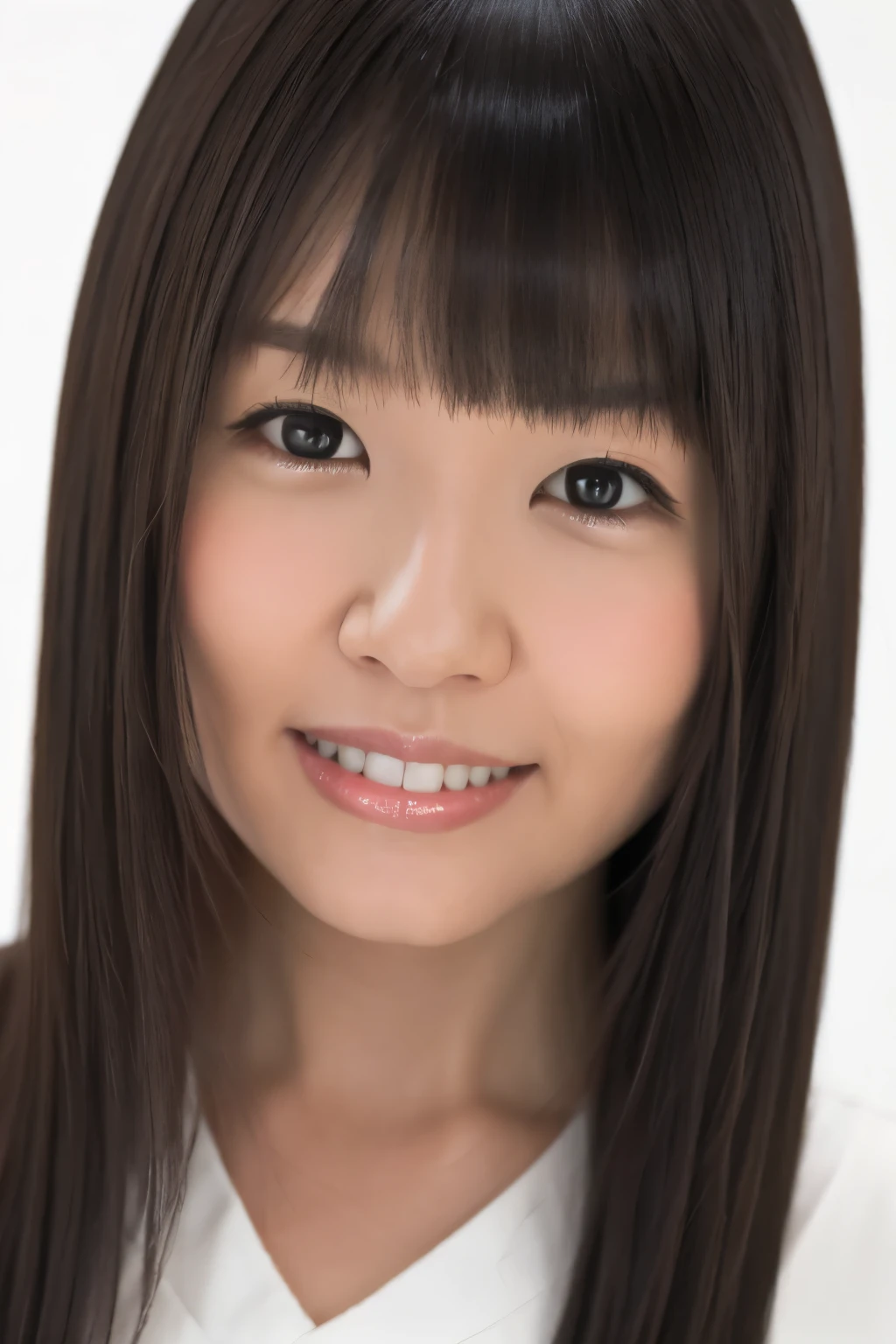 (Highest quality、Tabletop、Best image quality、、Award-winning works)、 pretty girl、(Elegant  V-neck knit sweater:1.3)、Perfect girl portrait photo、Glowing Skin、Standing Elegantly、(The simplest solid white background:1.1)、Glowing White Skin、Very white skin、smile、(Small cleavage:1.1)、Close-up of face、standing elegantly