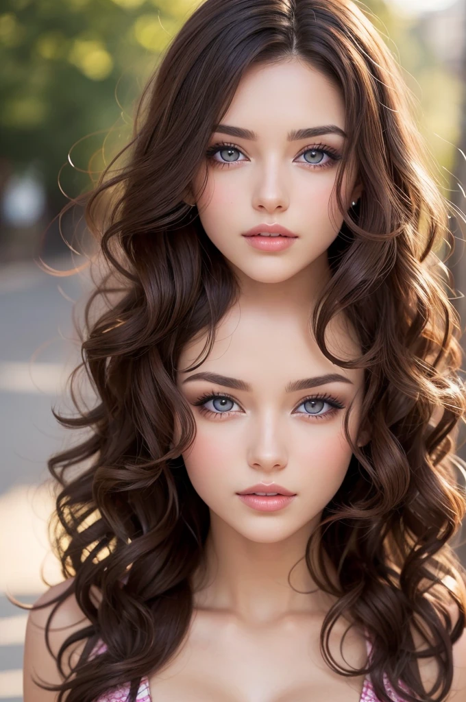 Create a beautiful brunette woman with light eyes and curly hair