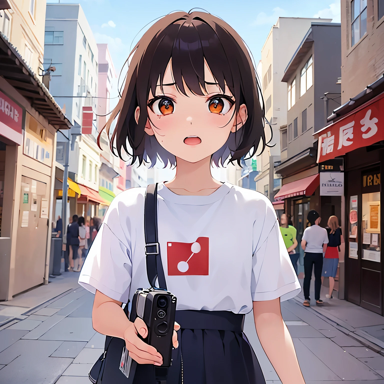 Shooting from below、、bob cut, masterpiece、Highest quality、 (Brown hair with bangs) and (Orange eyes) and (8--old l:1.5), Primary:1.5) and (T-Shirts)、(sad:1.5), open mouth, Are standing、The background is a shopping street、The upper body is shown、Alone、