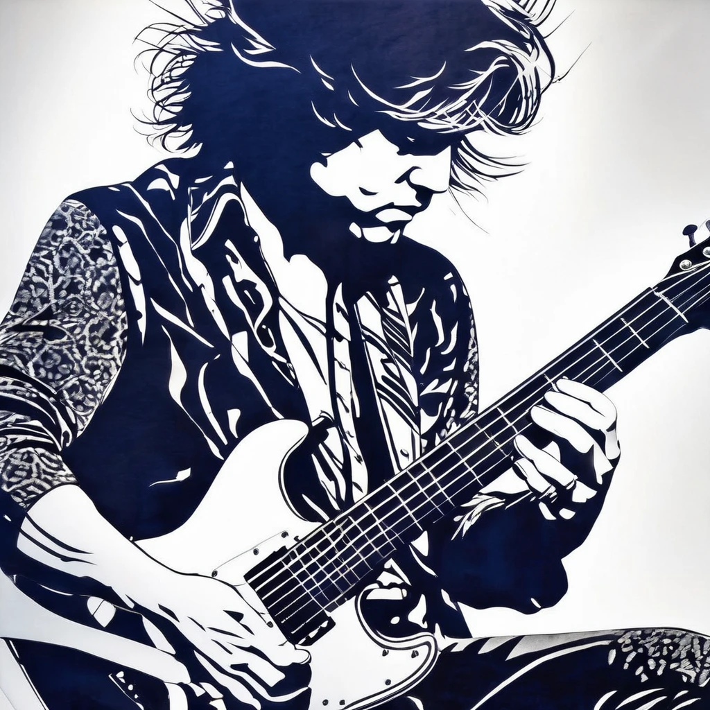 (Edward Van Halen:1.4), monochrome image style combining silhouettes, images of shadows and ink painting, portrait of a man playing the guitar, Best Quality, super fine, extremely detailed, delicate and dynamic