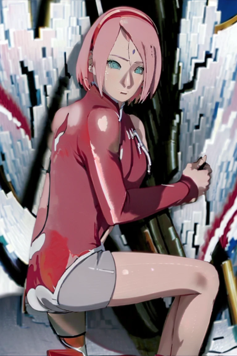 tmasterpiece， Best quality at best， 1girll， sakura haruno， ?????????????，Off-the-shoulder attire，（cleavage)，（upperbody closeup)，Raised ????，is shy，ssmile，with pink hair，short hair， （Green eyeballs:1.4)， Forehead protection， the cherry trees，Cherry blossoms flying，Red clothes，Zipper half, sitting on the ground，Wet，Leaking urine，?????????，Stick your ???? out，