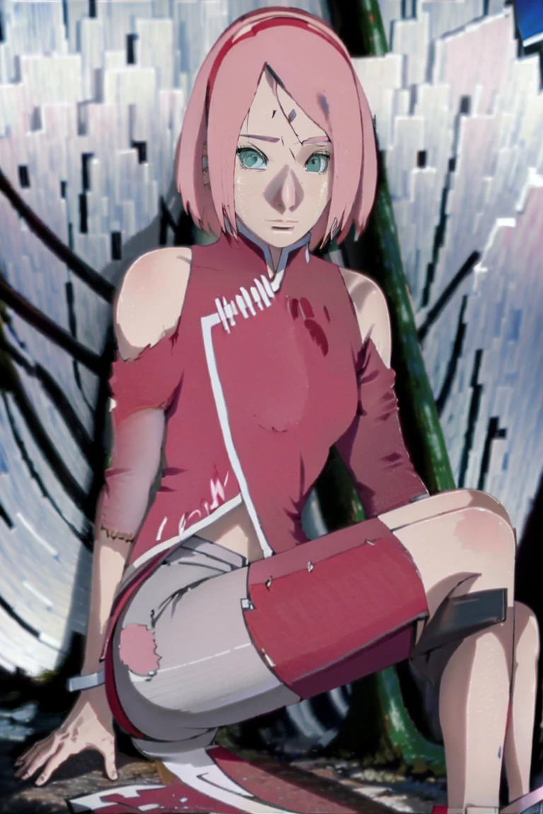 tmasterpiece, Best quality at best, 1girll, sakura haruno, Large breasts,Off-the-shoulder attire,(cleavage),(upperbody closeup),Raised sexy,is shy,ssmile,with pink hair,short hair, (Green eyeballs:1.4), Forehead protection, the cherry trees,Cherry blossoms flying,Red clothes,Zipper half, sitting on the ground,Wet,Leaking urine,underwear,Stick your butt out,