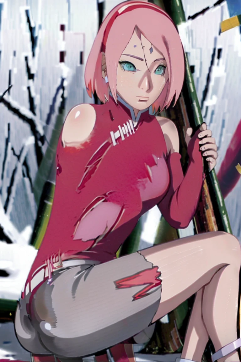 tmasterpiece， Best quality at best， 1girll， sakura haruno， Large breasts，Off-the-shoulder attire，（cleavage)，（upperbody closeup)，Raised sexy，is shy，ssmile，with pink hair，short hair， （Green eyeballs:1.4)， Forehead protection， the cherry trees，Cherry blossoms flying，Red clothes，Zipper half, sitting on the ground，Wet，Leaking urine，underwear，Stick your butt out，