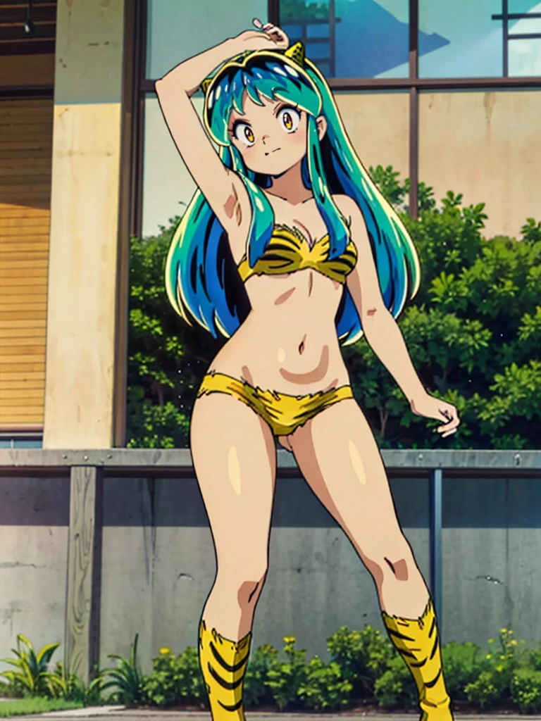 masterpiece, Highest quality, 1 Girl, Lum, Lum_比基尼, anime, Charm, 18-year-old, Are standing, High definition, From before, Japan, Green Hair, smile, 1980年代animeスタイル
