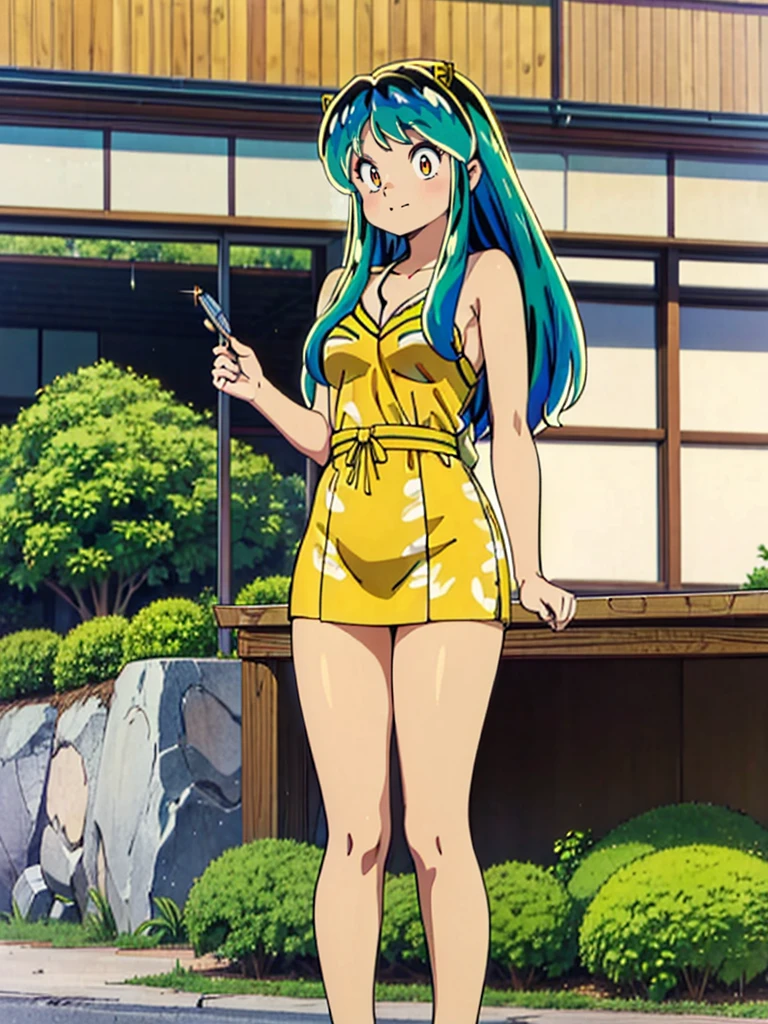 masterpiece, Highest quality, 1 Girl, Lum, Lum_比基尼, anime, Charm, 18-year-old,  Are standing,  High definition, From before, Japan, Green Hair, smile, 1980年代animeスタイル