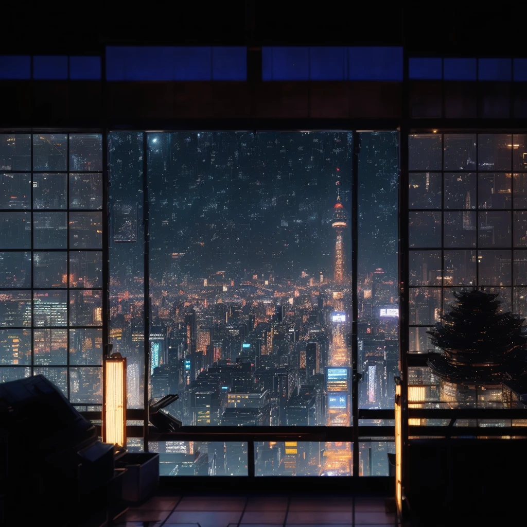 arafed view of a city at night from a window, set in tokyo rooftop, tokyo anime scene, heavy rainning at tokyo night, tokyo background, on future tokyo night rooftop, japan at night, tokyo in the background, on rooftop tokyo night, tokyo futuristic and clean, tokyo japan, neo tokyo background, japanese city at night, tokyo futuristic in background, reality photographic quality, masterpiece,