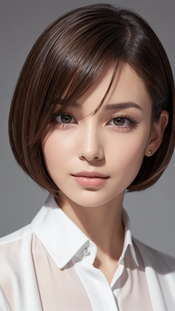 "A stylish woman in her 30s to 40s with an elegant, seductive bob hairstyle in ash brown, characterized by a soft and voluminous texture. She is wearing a white or beige band collar shirt made of soft, flowing fabric that drapes beautifully. The background is white and minimalist, ensuring the focus is on her hairstyle and outfit. The woman's face is not visible, and she has her head tilted slightly to the side, highlighting the sleek lines and layers of her bob haircut."