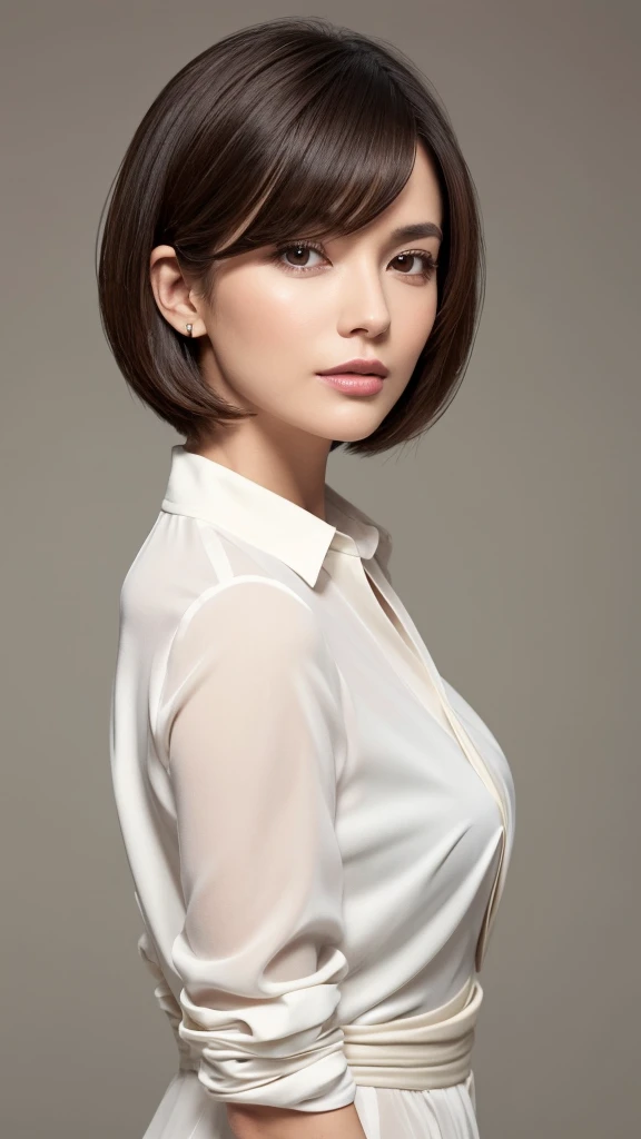 "A stylish woman in her 30s to 40s with an elegant, seductive bob hairstyle in ash brown, characterized by a soft and voluminous texture. She is wearing a white or beige band collar shirt made of soft, flowing fabric that drapes beautifully. The background is white and minimalist, ensuring the focus is on her hairstyle and outfit. The woman's face is not visible, and she has her head tilted slightly to the side, highlighting the sleek lines and layers of her bob haircut."