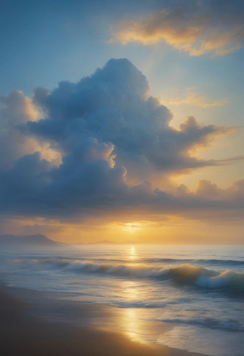 cloud,龍の形をしたcloud,Illuminated by the light of the setting sun ,Background sea,Foggy atmosphere,On-air lighting,薄いcloud,Smooth lines,Light blue and white shades,A serene and majestic sight,Amazing details,Artistic interpretation,Painting Style,masterpiece:1.2