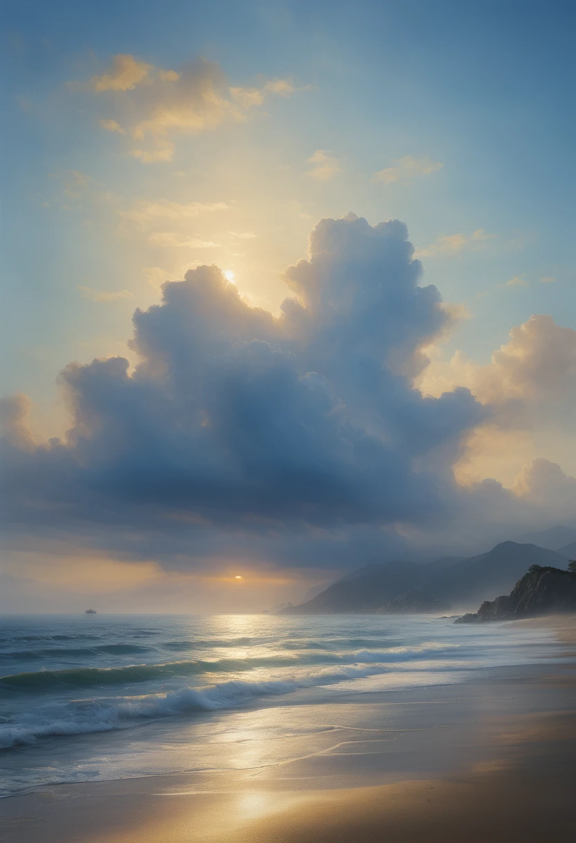 cloud,龍の形をしたcloud,Illuminated by the light of the setting sun ,Background sea,Foggy atmosphere,On-air lighting,薄いcloud,Smooth lines,Light blue and white shades,A serene and majestic sight,Amazing details,Artistic interpretation,Painting Style,masterpiece:1.2