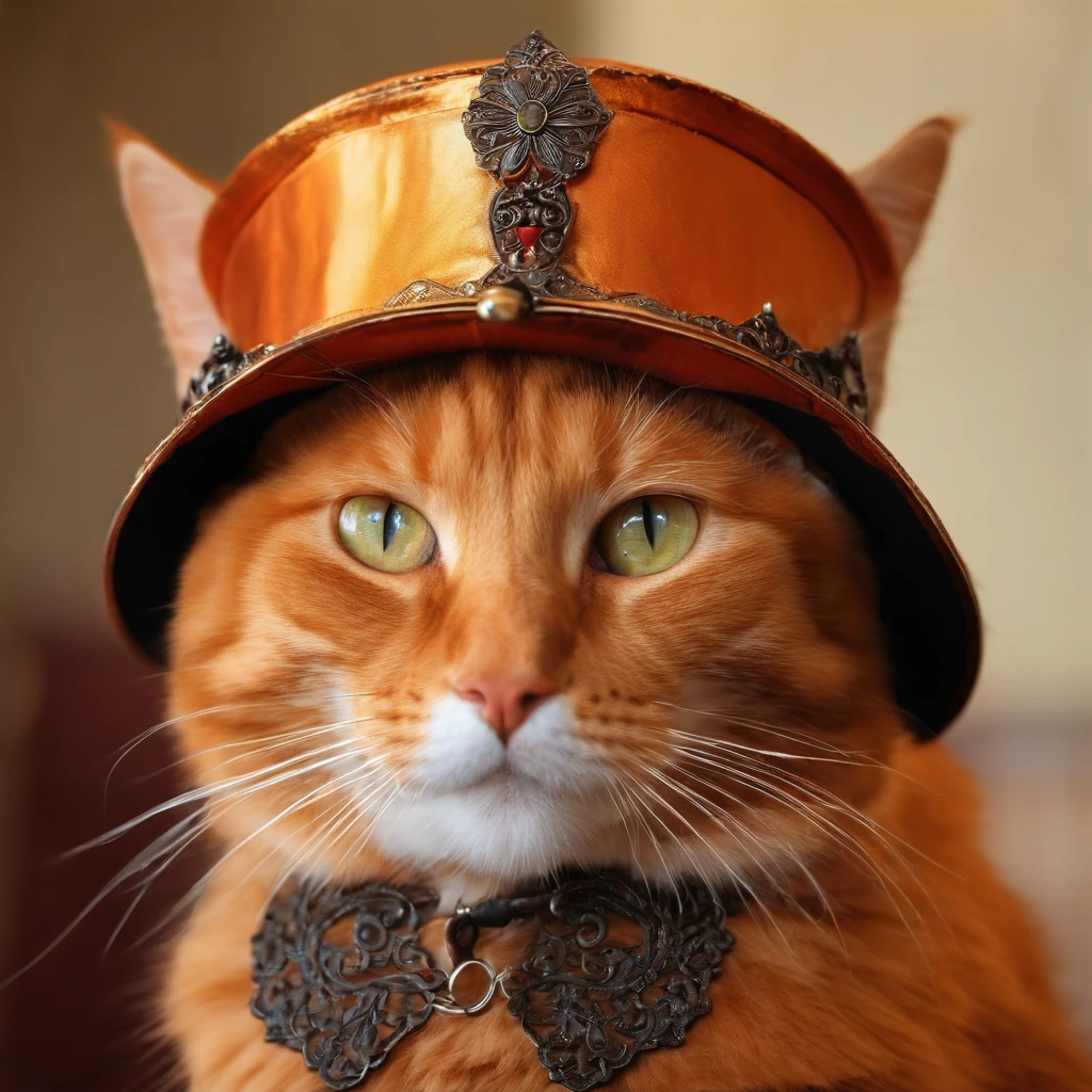 An orange cat with a metal hat