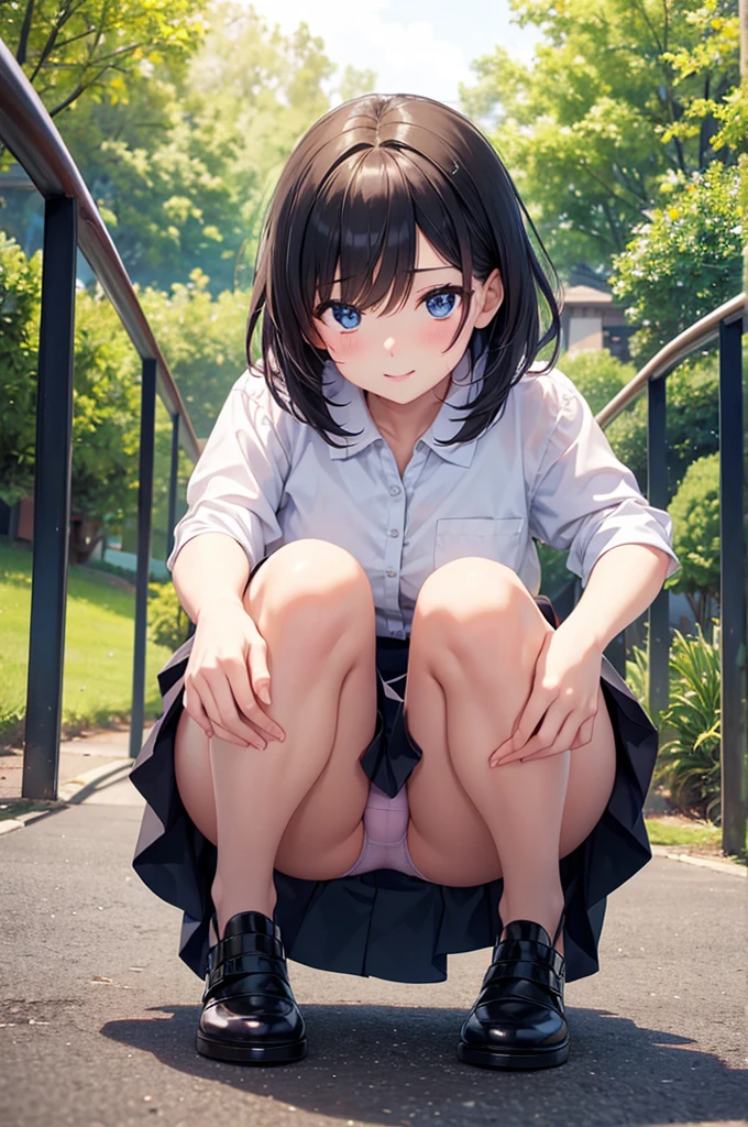 (Browsing Caution:0.99)、beautiful girl, (Roll up your skirt), Looking into the camera, Angle from below, Short skirt, Squat, A shy smile, Beautiful Skin, ((Highest quality, 16K, Tabletop: 1.3)), 1 Girl, The light shines on your face, Highly detailed face, Highly detailed lips, Beautiful Eyes、Realistic Skin、Cute design panties、shaving、Various Hair Styles、Different color uniforms、Natural clothes、Detailed panties、Spread your legs、sit、Squat