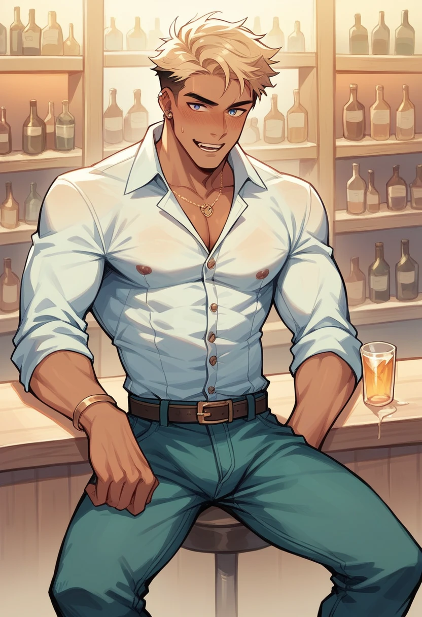 best quality, masterpiece, handsome polynesian man, tan skin, wavy dark hair, round eyes, transparent white string thong, sitting in a large martini glass, bulge, , gay,moerotic, perfection, no watermark, no logo, no signature