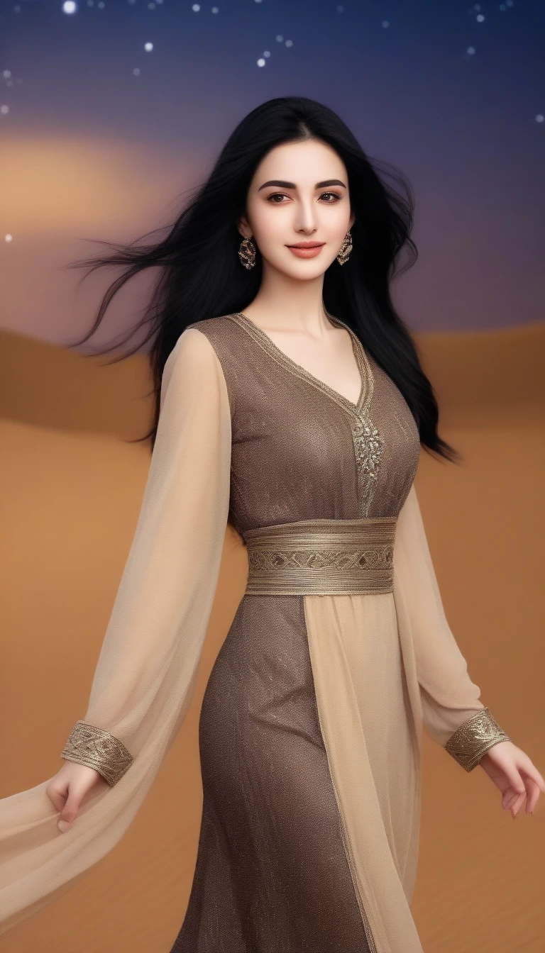 Beautiful woman in the Arabian Nights style。Dressed in gorgeous traditional Arabian attire。Background is desert and starry sky、View of an oasis in the distance。Wear exotic accessories、Long black hair swaying in the wind。Her eyes were deep brown.、Has a captivating smile。There was a magical light all around her.、It exudes a mysterious atmosphere