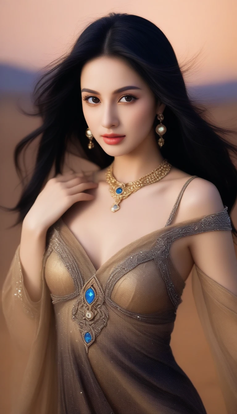 Beautiful woman in the Arabian Nights style。Dressed in gorgeous traditional Arabian attire。Background is desert and starry sky、View of an oasis in the distance。Wear exotic accessories、Long black hair swaying in the wind。Her eyes were deep brown.、Has a captivating smile。There was a magical light all around her.、It exudes a mysterious atmosphere