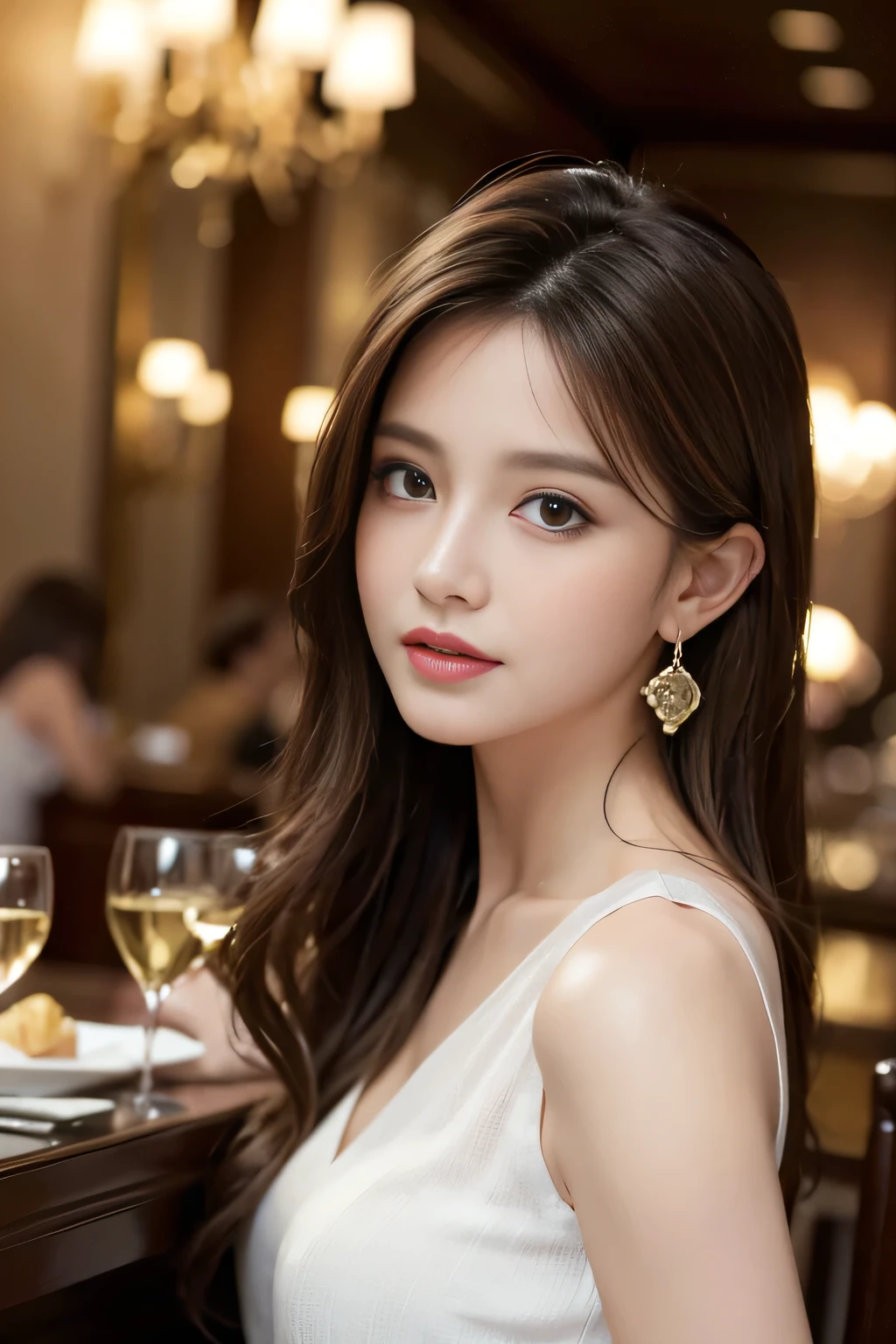 masterpiece, Highest quality, Realistic, Very detailed, Finer details, High resolution, 8k wallpaper, One beautiful woman, Wear an elegant white shirt, In a great restaurant, At night, Light brown messy hair, Perfect dynamic composition, Beautiful and beautiful eyes、Big earrings、Sleeveless shirt、