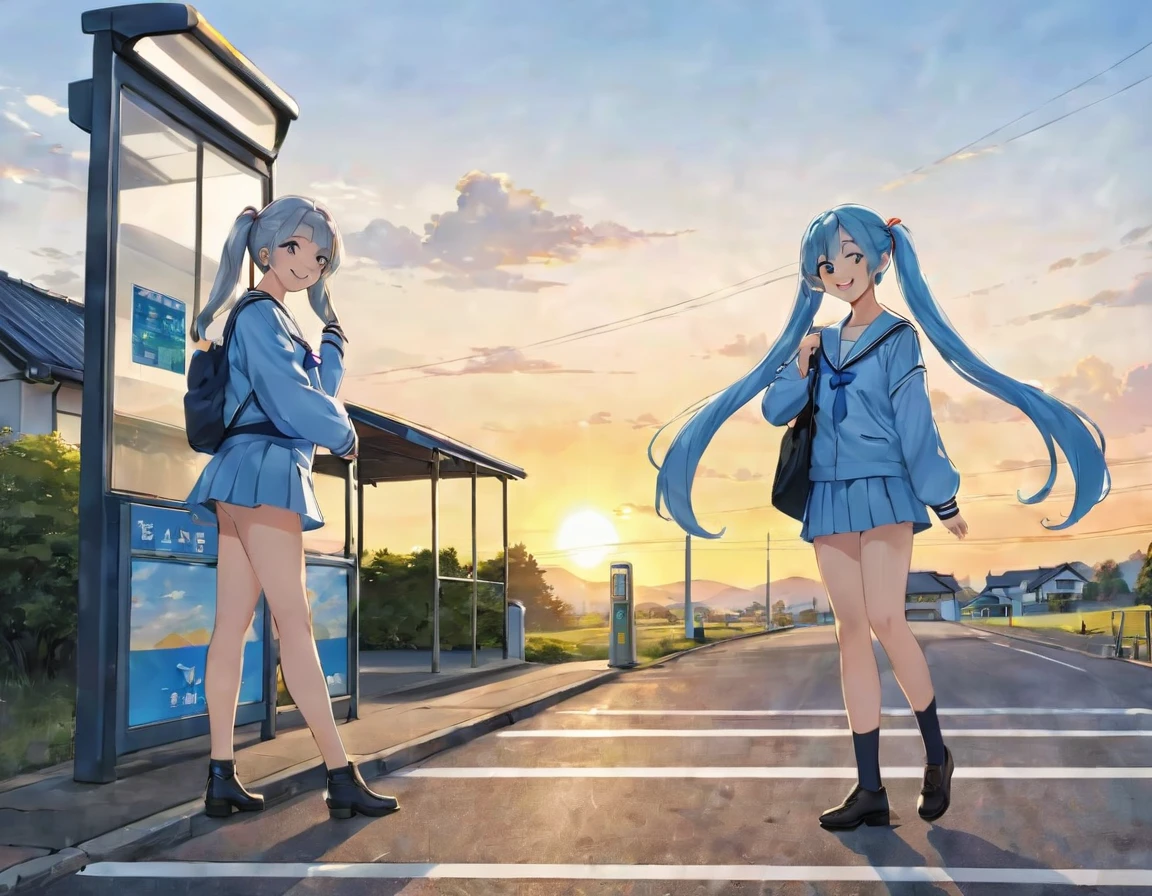 Light blue long hair、Two beautiful girls with twin tails、Sailor suit、Bright smile、Full Body View、Rural Scenery、Rural landscape、Waiting for the bus at the bus stop in front of the old house、I can see the bus、Sunset bus stop、Face Highlights