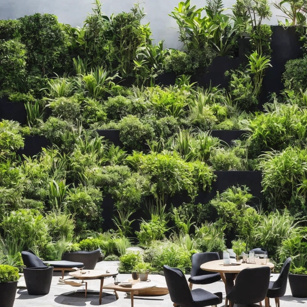 beautiful garden, black wall, black chairs, PLANTS, warm lighting