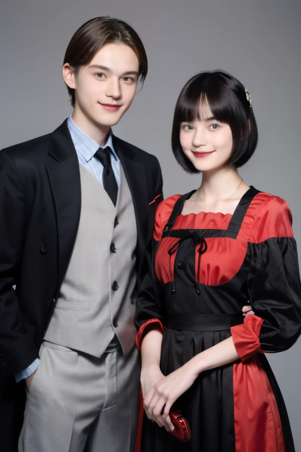 248 (An 18-year-old female and an 18-year-old male), (short hair),kind, lipstick, Finnish national costume, smile