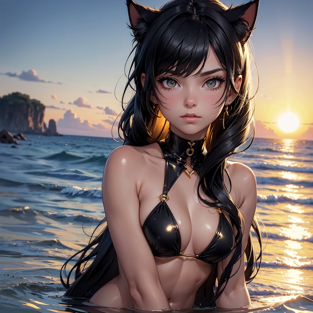 (high resolution, upper body, soft skin:1.2),(best illustration,masterpiece:1.2),ultra-detailed,[(cat ears , black inside:1.2, black ponytail hair, gold cat eyes),vivid colors,sharp focus, sunlight,bokeh, wearing a gold bikini, sunrise beach background, in the water
