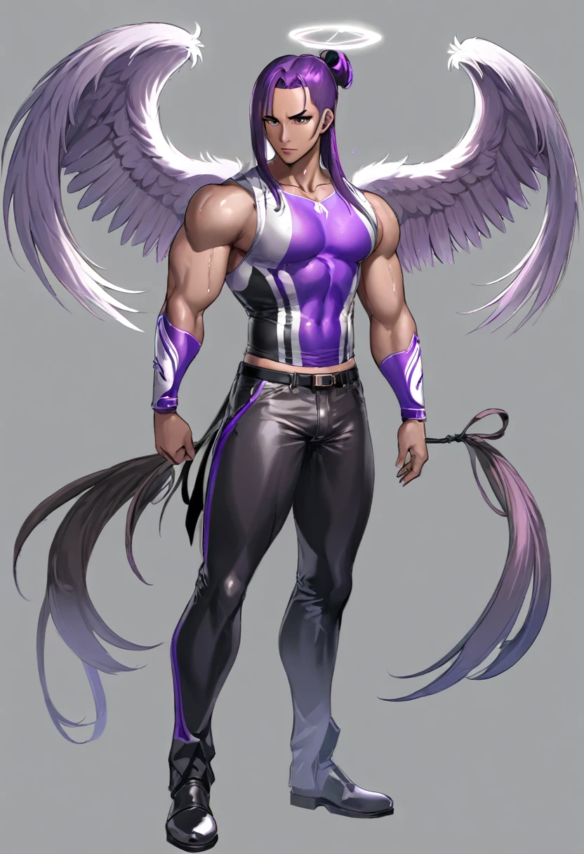 (Masterpiece, best quality), detailed, 1 man, ((character concept art)), ((character design sheet, same character, front, side, back)), full body, body complete, 1 Male, 1 Man, Detailed face, character design sheet，full bodyesbian, Highly detailed, character sheet, character design, Many parts, dark skin, angel wings, long ponytail purple hair, angel outfit, muscle male god, male clothes, masculine, muscle man, male muscle, manly, male angel, Muscle male with purple long ponytail hair，beautiful man