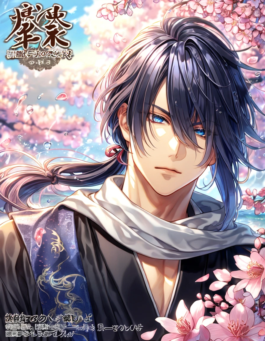 absurdres, highres, ultra detailed, HDR, master piece, best quality, Hajime Saitou, long indigo hair, hair loosely tied into a side low ponytail, hair over the right eye, expressive blue eyes, Hakuouki, solo, sexy man, handsome, white scarf, black kimono, water, fantasy, magical, shining, pink flowers, pink blossoms, pink petals