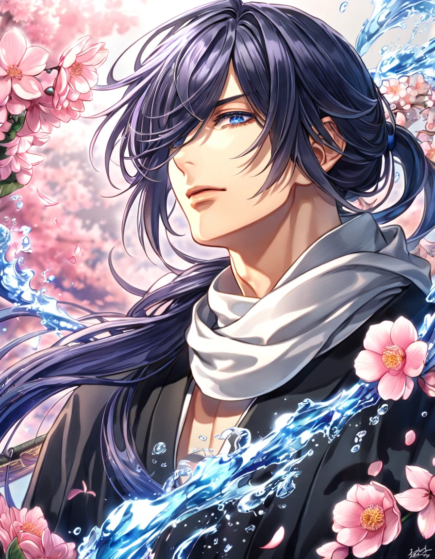 absurdres, highres, ultra detailed, HDR, master piece, best quality, Hajime Saitou, long indigo hair, hair loosely tied into a side low ponytail, hair over the right eye, expressive blue eyes, Hakuouki, solo, sexy man, handsome, white scarf, black kimono, water, fantasy, magical, shining, pink flowers, pink blossoms, pink petals