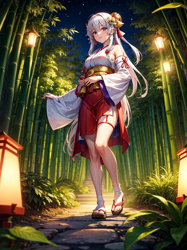 Highest quality,Highest Resolution,Shrine maiden in the shrine grounds,Bamboo bushes at night,