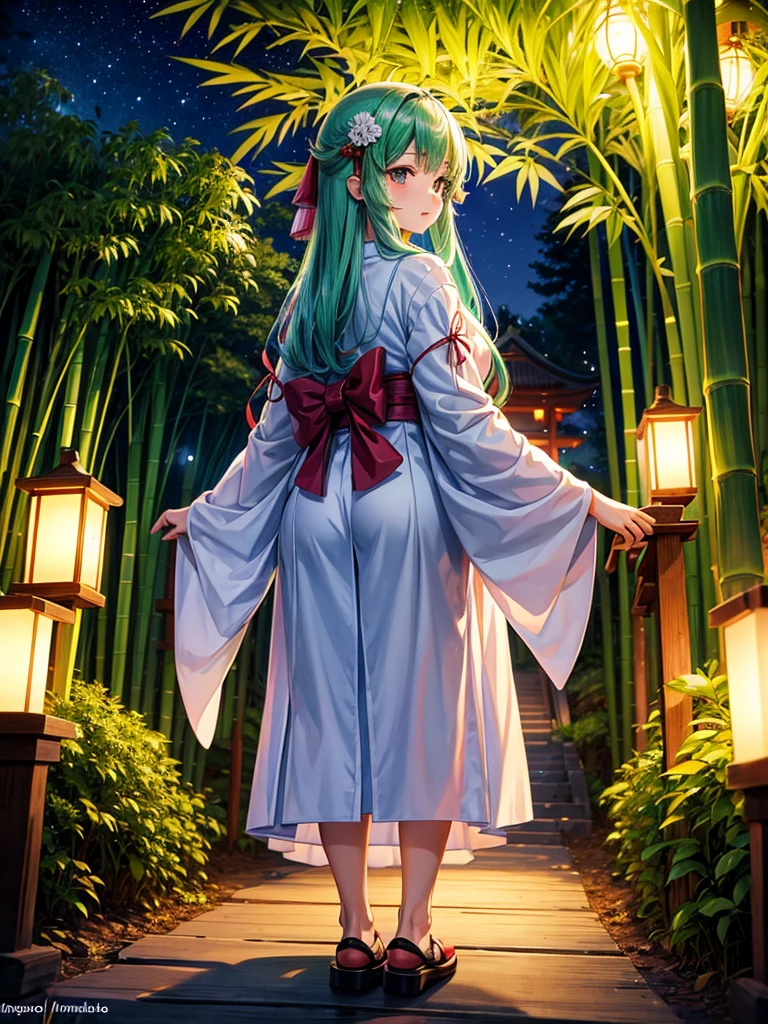 Highest quality,Highest Resolution,Shrine maiden in the shrine grounds,Bamboo bushes at night,