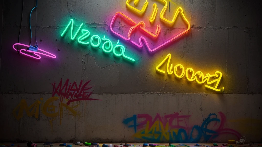 ((zoom in) Create a scene of a large wall painted with colorful paints simulating tattoos illuminated with neon by drawing the title Ai, ai my love
