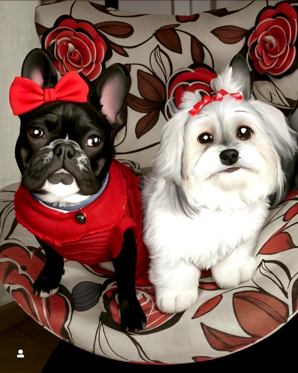 a black French bulldog dressed in red with a red bow on its head and another white and gray dog with two bows on its head, in maximum quality, pixar model