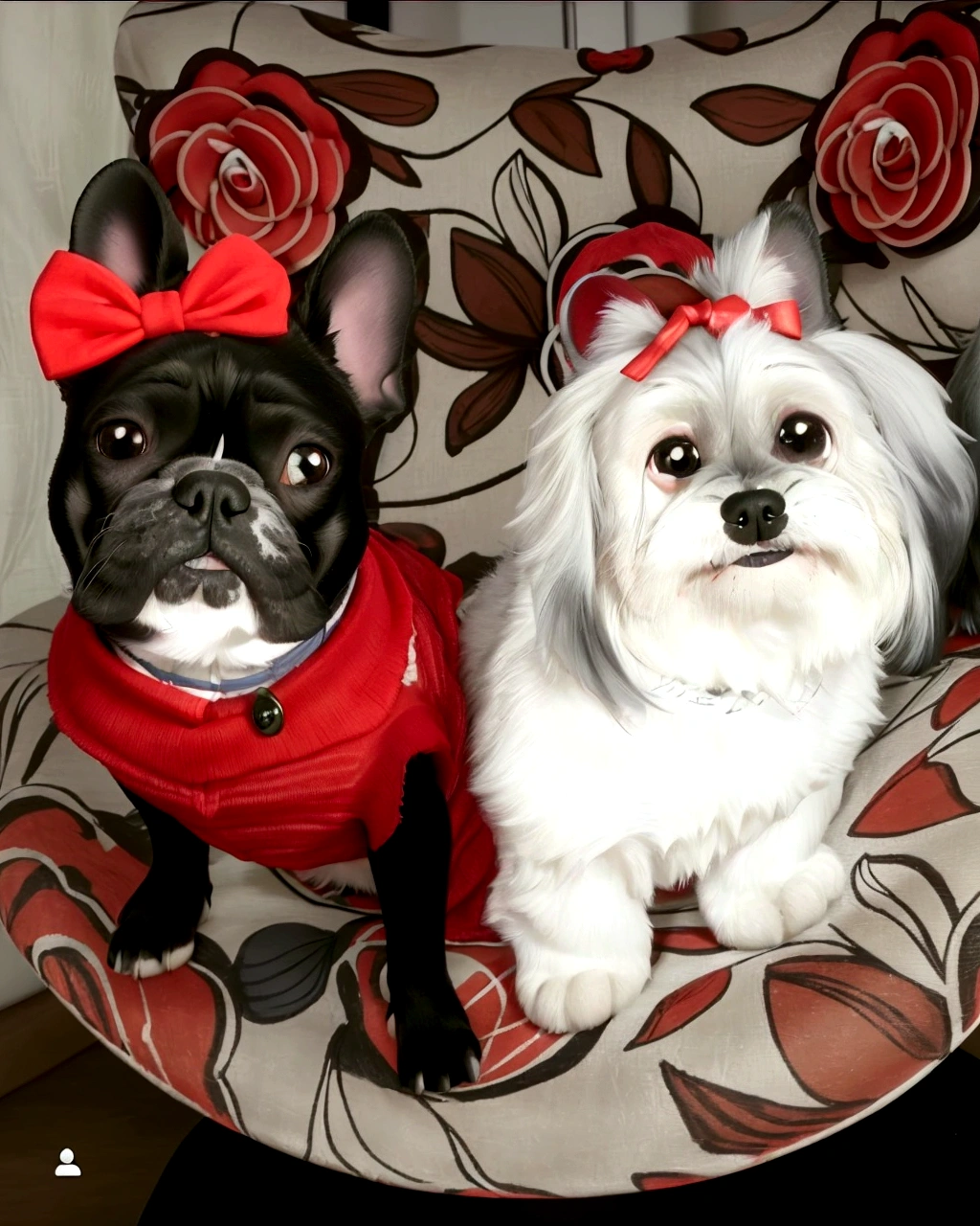 a black French bulldog dressed in red with a red bow on its head and another white and gray dog with two bows on its head, in maximum quality, pixar model