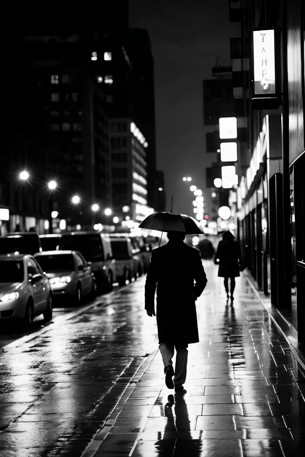 Shadow of man walking in rainy city black and white
