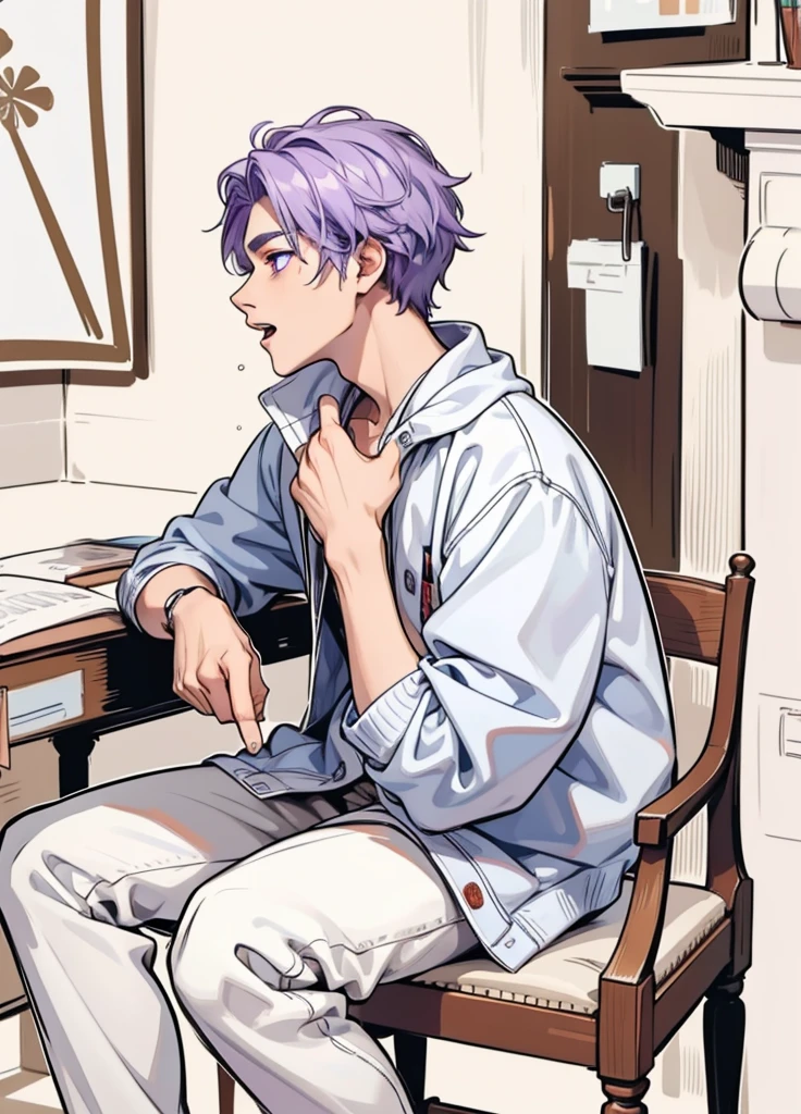 open his mouth speaking 18 year old man purple hair purple eyes he is speaking