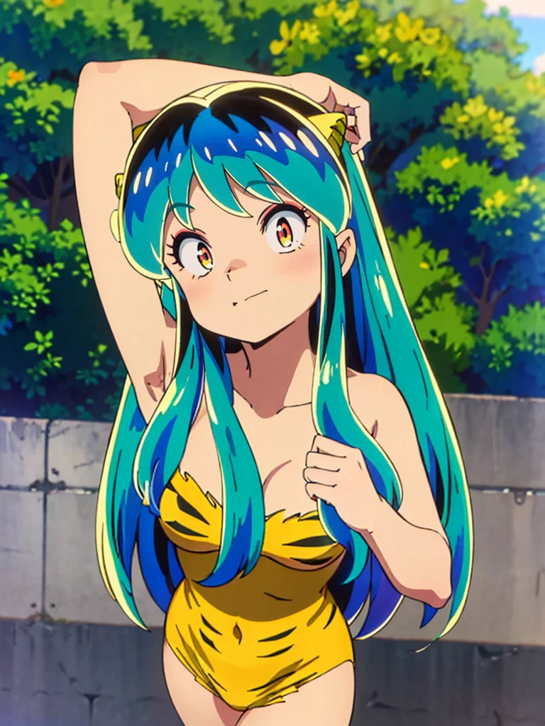 masterpiece, Highest quality, 1 Girl, Lum, Lum_比基尼, anime, Charm, 18-year-old, Are standing, High definition, From before, Japan, Green Hair, smile, 1980年代animeスタイル