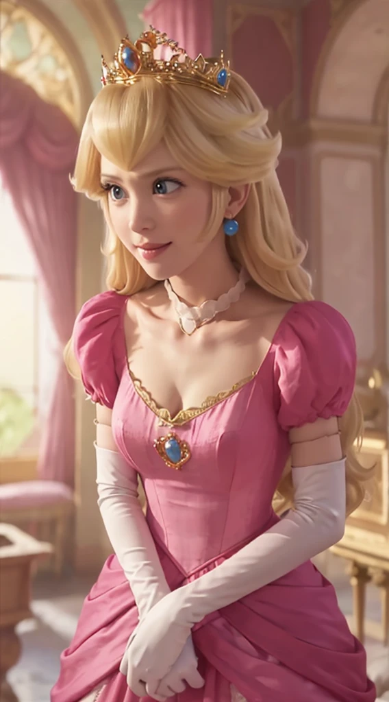 (Inside a castle setting,)  A  Princess Peach wearing a beautiful hot pink velvet dress, she is gentle and compassionate and is shown smiling gently, she is over 6 feet tall and wears a golden crown atop her blond hair and white velvet gloves. With a focus on her large alluring chest, (large chested, decolletage, (she is dipicted leaning forward showing off her decolletage)), she is depicted in a close-up shot from below.