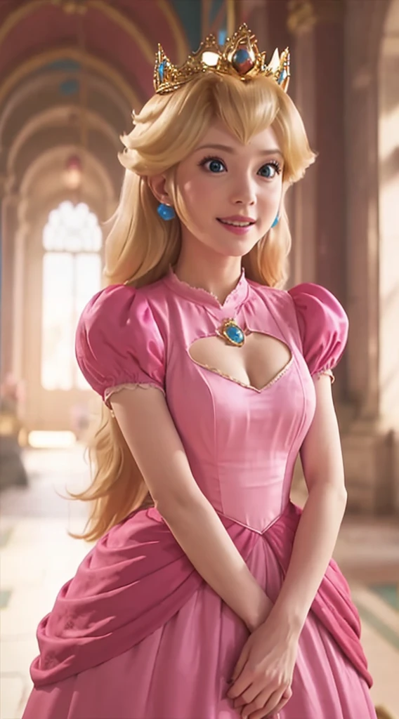 (Inside a castle setting,)  A  Princess Peach wearing a beautiful hot pink velvet dress, she is gentle and compassionate and is shown smiling gently, she is over 6 feet tall and wears a golden crown atop her blond hair and white velvet gloves. With a focus on her large alluring chest, (large chested, decolletage, (she is dipicted leaning forward showing off her decolletage)), she is depicted in a close-up shot from below.
