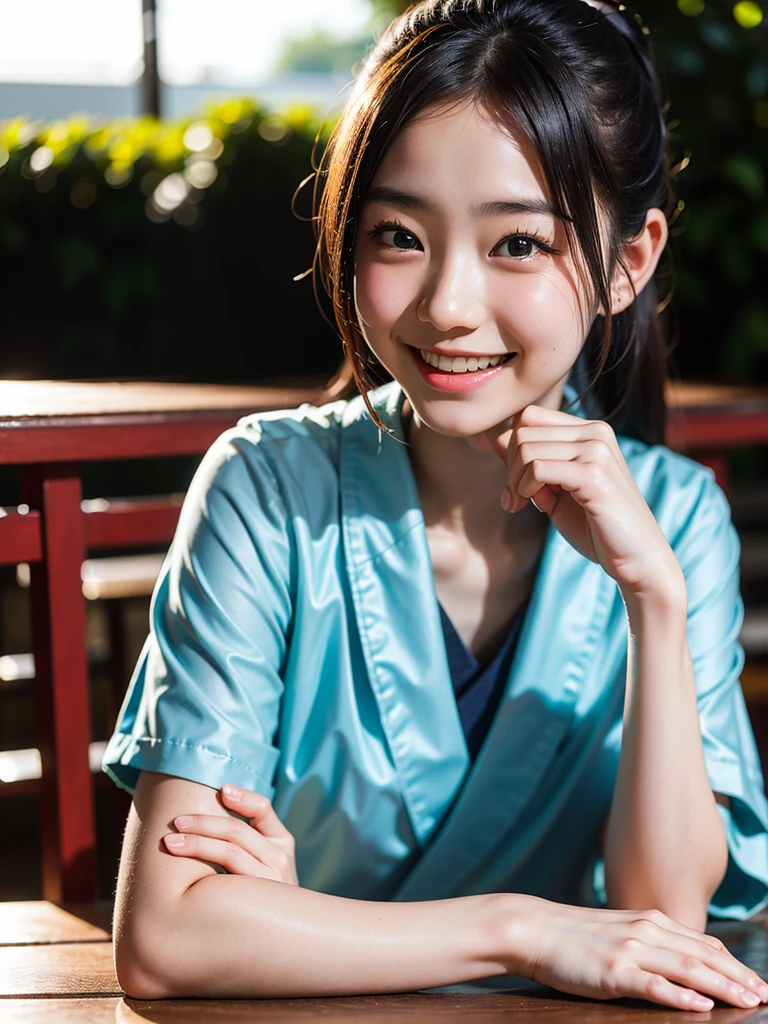lens: 135mm f1.8, (Highest quality),(RAW Photos), (Tabletop:1.1), (Beautiful Japanese Woman), Cute face, (Deeply chiseled face:0.7), (freckles:0.4), dappled sunlight, Dramatic lighting, (Japanese School Uniform), (On campus), shy, ponytail, (Close-up shot:1.2), (smile),, (Sparkling eyes)、(sunlight),