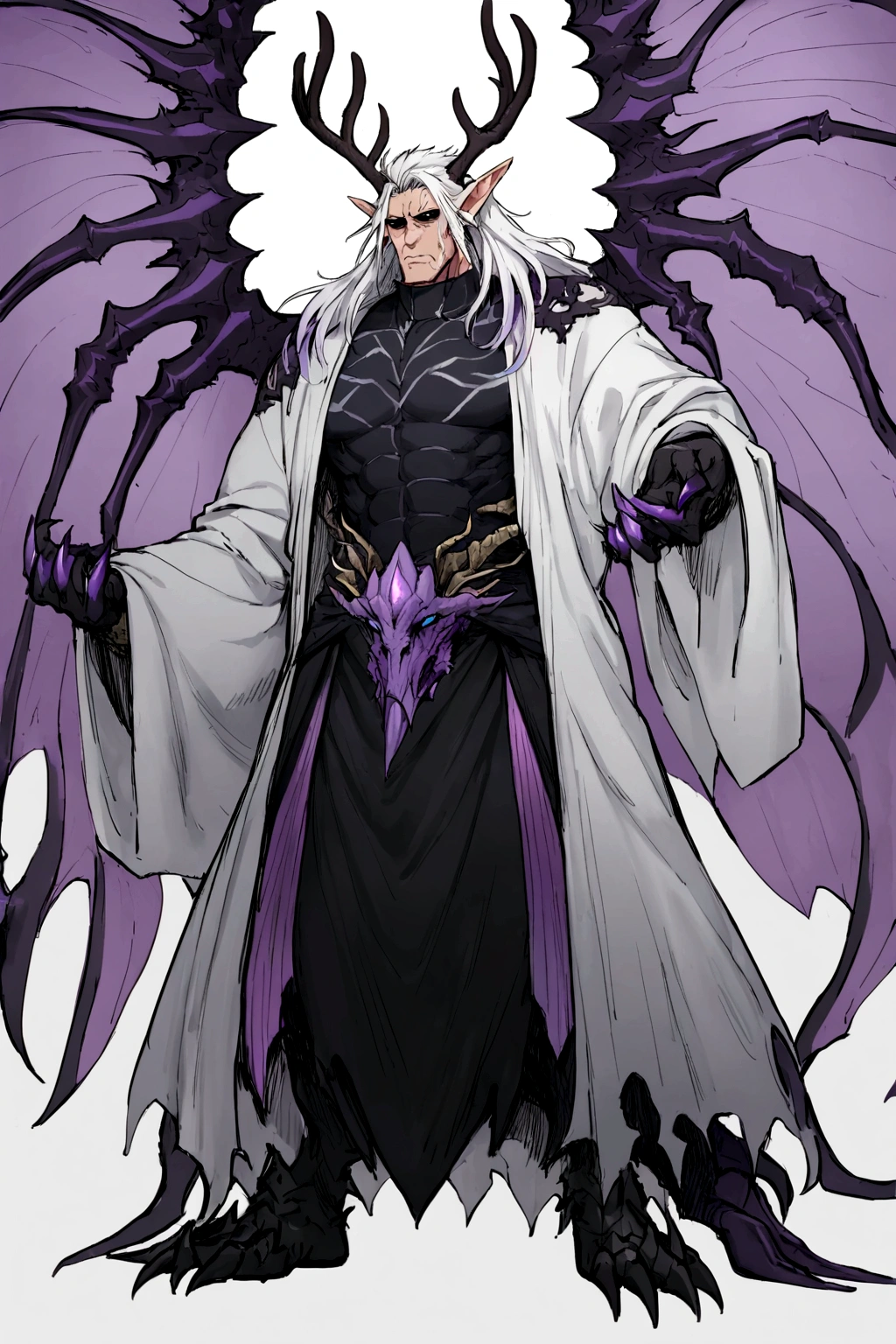 solo, 20 year old male, character fusion,  nidhogg fused with odin and sun wukong, tall tanned man with wild unruly white hair, bangs on face, bangs, ((iridescent irises)), black sclera on eyes, long voluminous hair, spiky hair, pointy ears, fit , clawed fingers, dragon tail, open haori, turtleneck tanktop, manly jaw, dark crystal antlers, exhausted expression, khaenr'ah abyss, draconic person, calamity incarnate,  full body