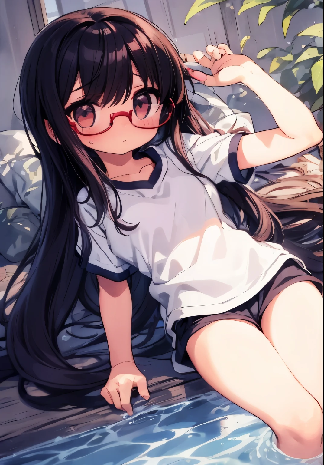 (Big red round glasses:1.3)、(Timid girl、blush、Watery eye:1.2)、Long black hair、White short sleeve shirt、Navy blue shorts、body操服、 body、Flat body