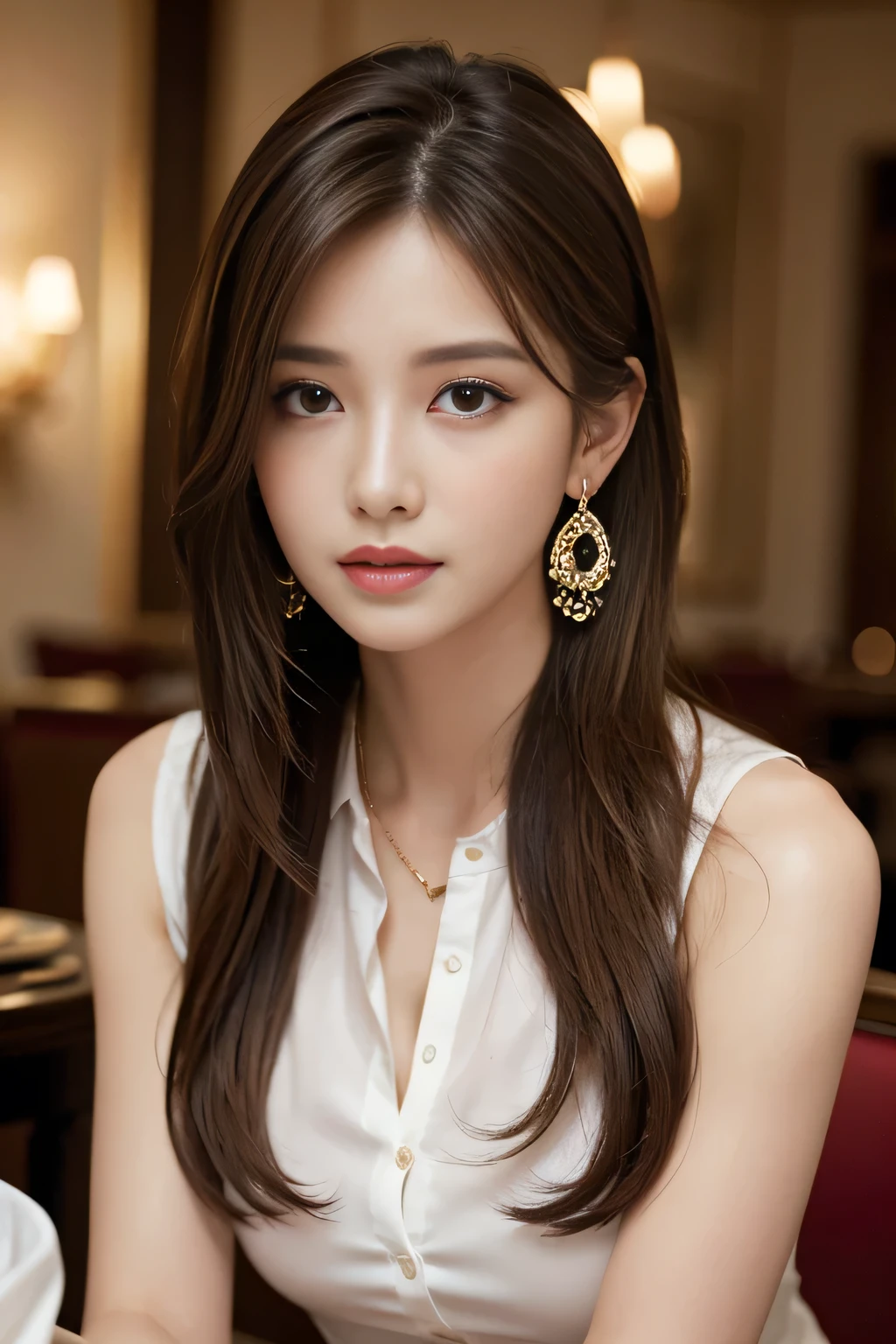 masterpiece, Highest quality, Realistic, Very detailed, Finer details, High resolution, 8k wallpaper, One beautiful woman, Wear an elegant white shirt, In a great restaurant, At night, Light brown messy hair, Perfect dynamic composition, Beautiful and beautiful eyes、Big earrings、Sleeveless shirt、