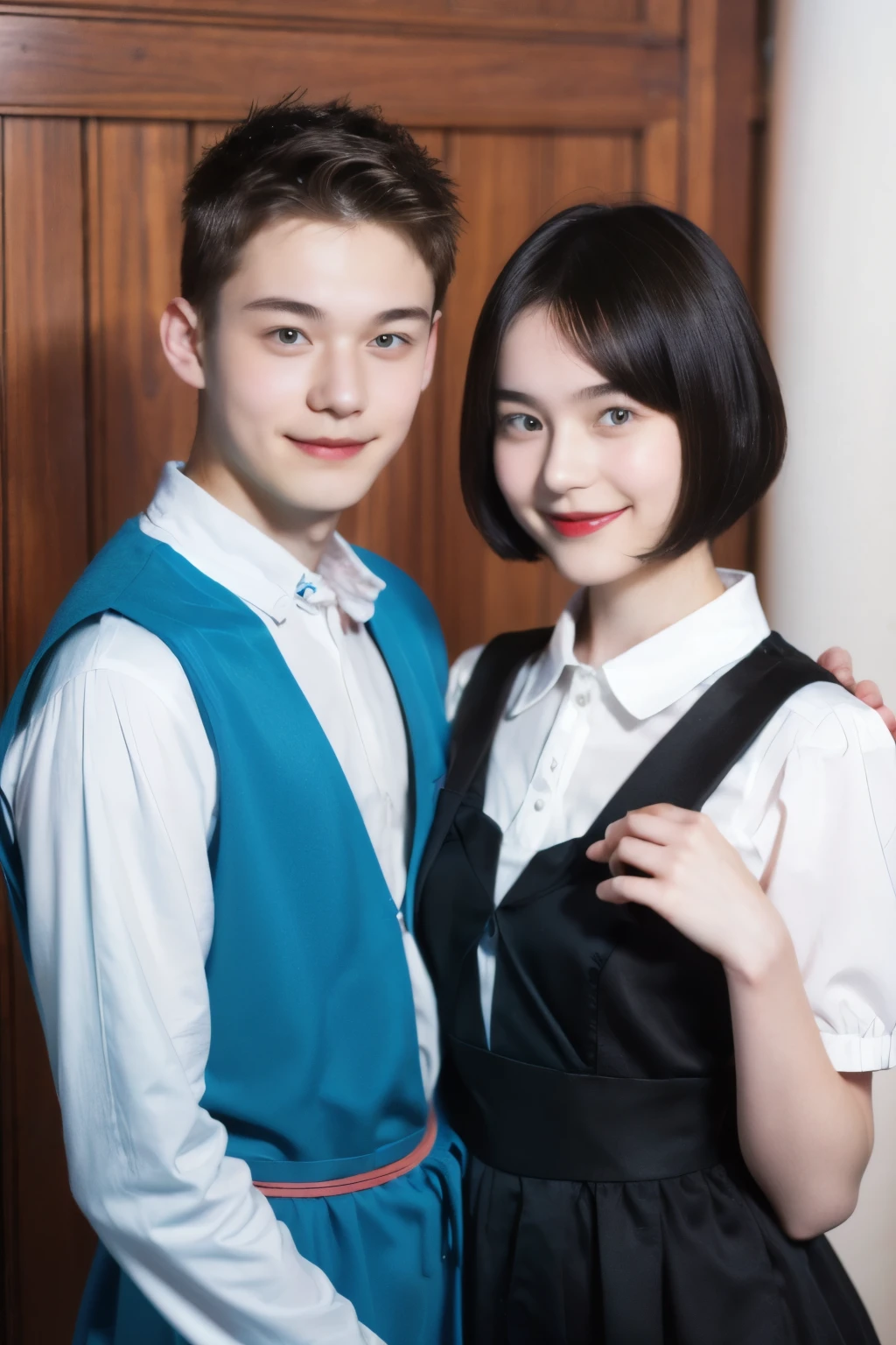 248 (An 18-year-old female and an 18-year-old male), (short hair),kind, lipstick, Finnish national costume, smile