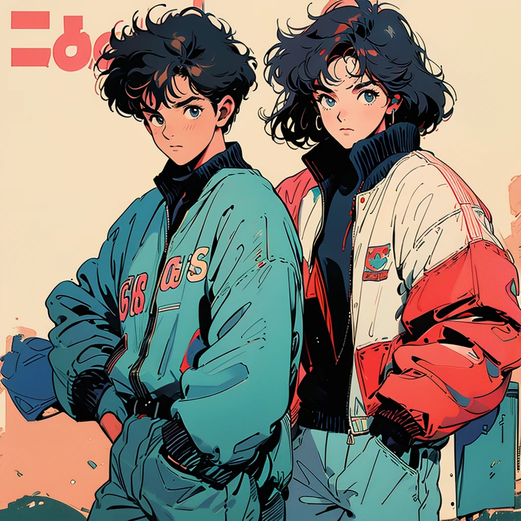 80s anime, curly hair, shorth hair, 24-year-old female, - Grau's osculus, Red hair, loose clothing, cover of a magazine, fully body, pose lateral, black skin color