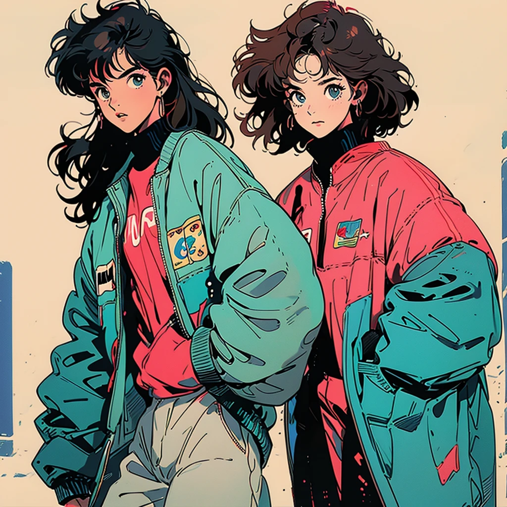80s anime, curly hair, shorth hair, 24-year-old female, - Grau's osculus, Red hair, loose clothing, cover of a magazine, fully body, pose lateral, black skin color