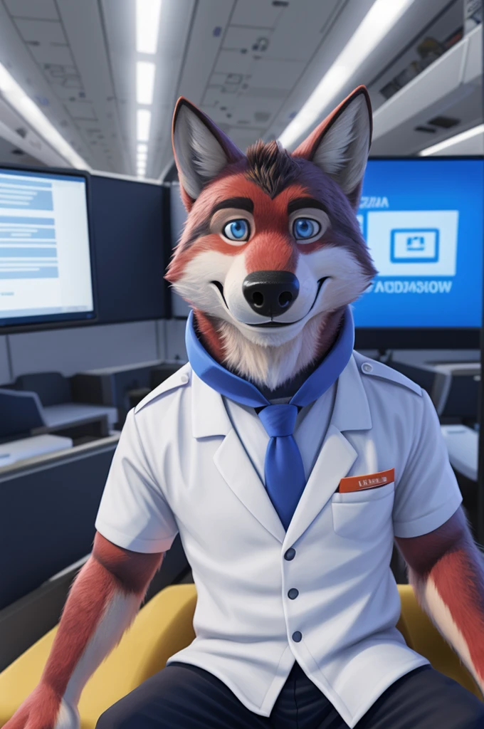 Ivan Fedorovich Wolfbach Russian Aeroflot (Novosibirsk) ,tall handsome, wolf,young, 24 years, brown fur,Kind,(red body:1.3),beautiful blue eyes,Novosibirsk,dressed,civil aviation pilot uniform,White shirt,commander&#39;s epaulettes, черный tie, trousers,air traffic controller, trousers,canine, wolf, detailed fur, male, second, paw pads, finger claws,At the viewer, 5 fingers, paws, 5 fingers, smile, wrist watch, т nextel,by xenoforge, (difficult, high detail, digital photography, soft focus, RAW,goes for a walk, ,Very close to the camera,airport,Novosibirsk, smile, good mood, positive, Very close to the camera, plaid shirt, At the hairdresser, without hair, captain&#39;s epaulets, 
Photorealism, realistic, photorealistic, digital style, Subsurface scattering,I look at the viewer,стоит White shirt is sitting, at the computer, radars, microphone, trousers, tie,air navigation tower, close to the camera,окно вид на airport и самолеты, is sitting, Meaningful aviation awards, airplane on a jacket,smile смех красивые зубы, 
masterpiece, Best quality, ultra realistic, 8 thousand.)