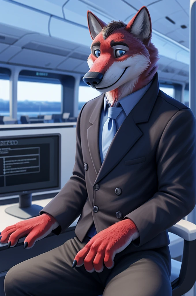 Ivan Fedorovich Wolfbach Russian Aeroflot (Novosibirsk) ,tall handsome, wolf,young, 24 years, brown fur,Kind,(red body:1.3),beautiful blue eyes,Novosibirsk,dressed,civil aviation pilot uniform,White shirt,commander's epaulettes, черный tie, trousers,air traffic controller, trousers,canine, wolf, detailed fur, male, second, paw pads, finger claws,At the viewer, 5 fingers, paws, 5 fingers, smile, wrist watch, т nextel,by xenoforge, (difficult, high detail, digital photography, soft focus, RAW,goes for a walk, ,Very close to the camera,airport,Novosibirsk, smile, good mood, positive, Very close to the camera, plaid shirt, At the hairdresser, without hair, captain's epaulets,
Photorealism, realistic, photorealistic, digital style, Subsurface scattering,I look at the viewer,стоит White shirt is sitting, at the computer, radars, microphone, trousers, tie,air navigation tower, close to the camera,окно вид на airport и самолеты, is sitting, Meaningful aviation awards, airplane on a jacket,smile смех красивые зубы,
masterpiece, Best quality, ultra realistic, 8 thousand.)