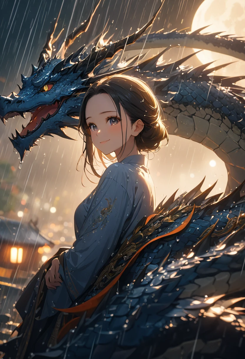 high-res,8K,((((ultra detailed face)))),((big smiling))).((forehead)),woman on her beautiful dragon,rainy,soft light,moon,soft focus