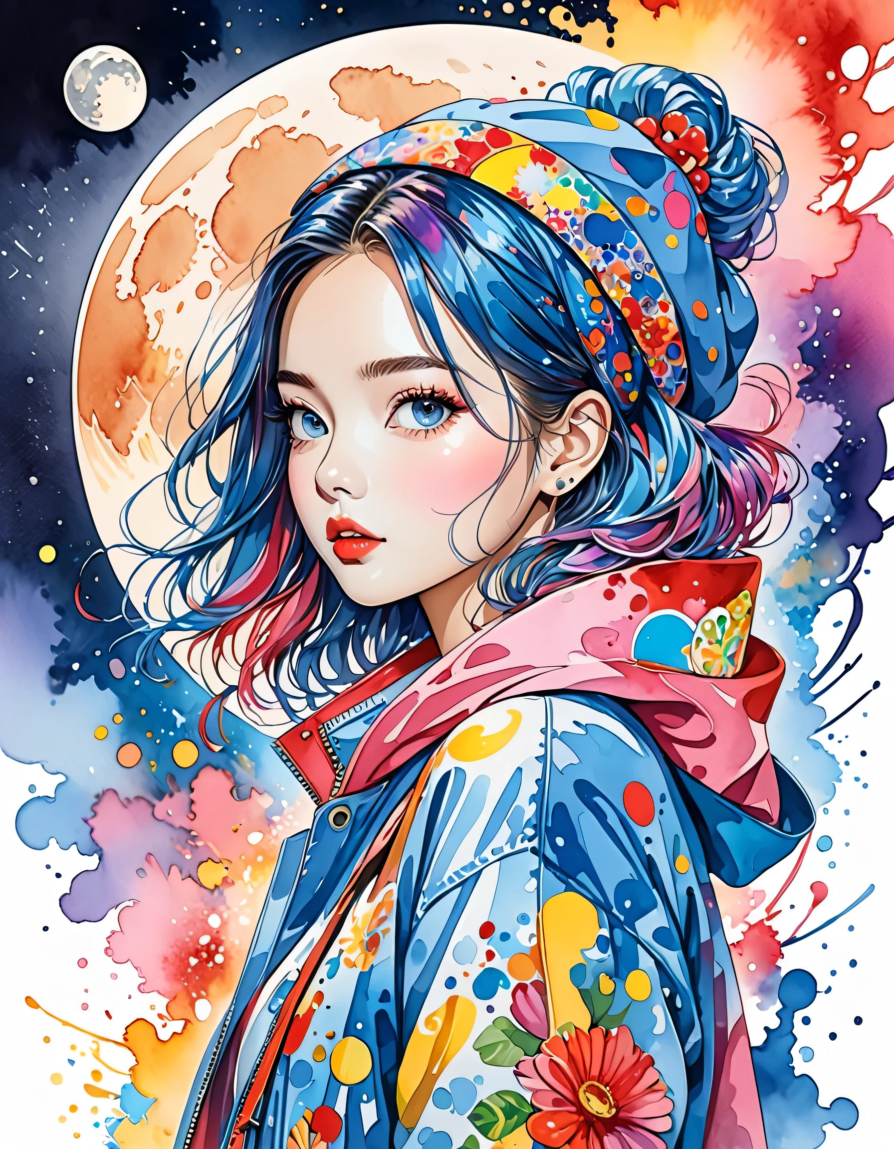 Micho Style、(((stylish fashion))), 8K Quality、Intense watercolor, Detailed watercolor art, Watercolor splash, Surreal, avant-garde pop art, Beautiful and expressive paintings, Beautiful artwork illustration, Very colorful tones, wonderful, Cool beauty, highest quality、Official Art, Vector art, Stylish design, (((The most beautiful girl))), (((highest quality))), HDR, ((detailed)), (((Doodle Art)), ((masterpiece)), ((Super detailed)), (((Stylish))), (((Moon))), Cute Alien