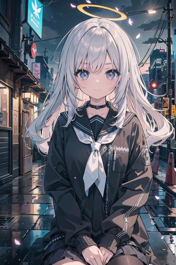 ((Emphasis on the use of CG)), ((Emphasis on beautiful expression of shapes and three-dimensionality: 1.2)), ((Emphasis on giving the viewer an overwhelming vivid sense of realism: 1.2)), ((Emphasis on the use of the software "3ds Max": 1.2)), ((Emphasis on the use of various plug-ins such as "tyFlow": 1.2)), ((Emphasis on realistic expression and effects in 3ds Max to realize beautiful image-like expressions: 1.2)), ((Emphasis on realistic expression and effects in 3ds Max: 1.2)), ((Emphasis on delicate expression such as human nature and emotional expression, landscape and seasonal depiction: 1.2)), ((Emphasis on CG animation: 1.2)), ((Emphasis on excellent expressiveness in depiction of nature and environment: 1.2)), ((Emphasis on depth of story: 1.2)), ((Texture, size, color, shadow and light)),nude, chromatic aberration, depth of field, soft lighting, masterpiece, highest quality, complex, tonemapped, highly detailed, artstation, concept art, smooth, sharp focus, dramatic lighting, highly detailed artwork, cinematic, hyper realistic painting, trending on artstation, 8k, incredible shadows, realistic, (highly detailed background:1.0), A highly detailed portrait of a solo 1girl standing on a street corner, during a rainstorm with lightning and cloudy sky, neon and cyberpunk background, she is wearing punk clothes with silver chains and silver spikes, she has butterfly wing-like hair clips in her messy hair, she is wearing headphones and a tie, , finely lit red eyes with prominent pupils, halo of ominous aura, smiling, punk, cyberpunk, backlit,(masterpiece), scenery, mountain horizon, cherry blossoms, petals, light particles, upper body, one girl, sailor, wavy hair, floating hair, smiling, sitting, mouth open, light particles, silver hair, aqua eyes, looking at viewer, face focus