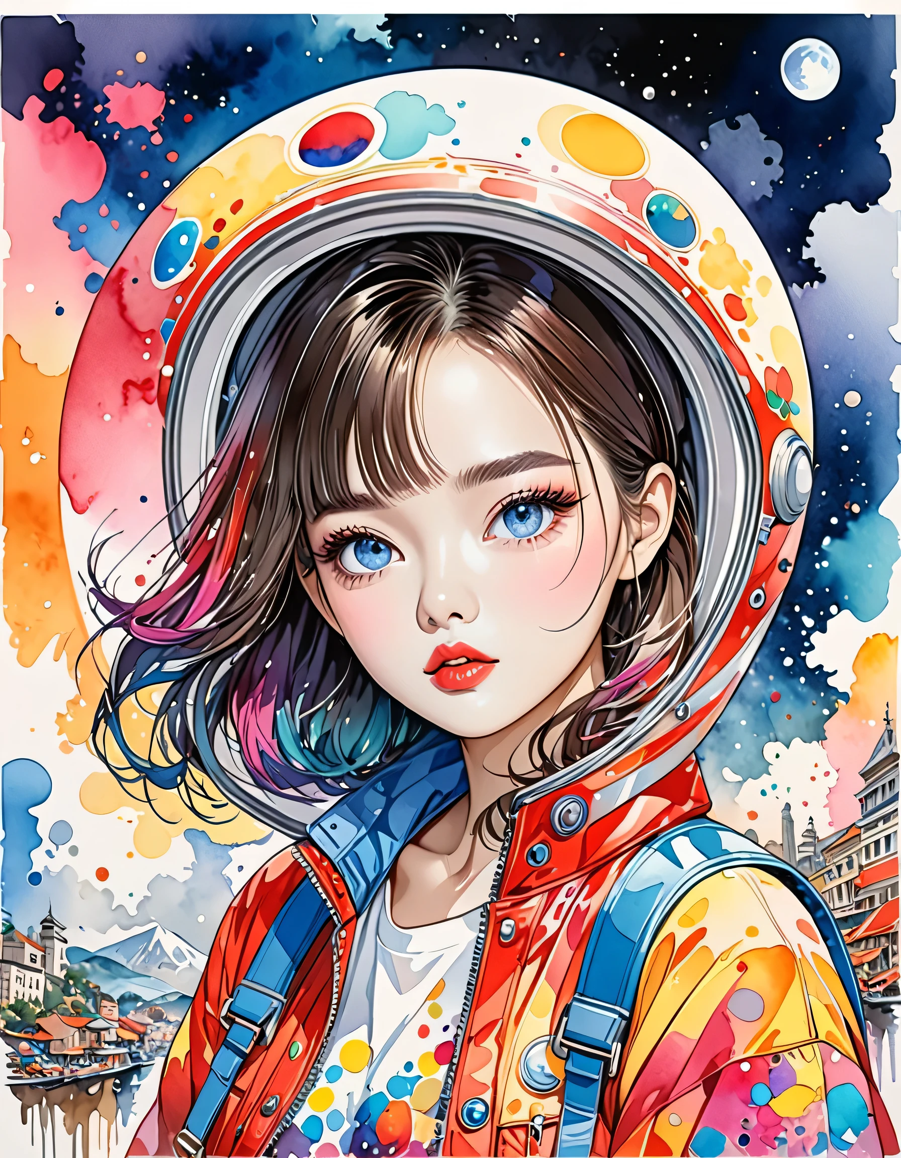 Micho Style、(((stylish fashion))), 8K Quality、Intense watercolor, Detailed watercolor art, Watercolor splash, Surreal, avant-garde pop art, Beautiful and expressive paintings, Beautiful artwork illustration, Very colorful tones, wonderful, Cool beauty, highest quality、Official Art, Vector art, Stylish design, (((The most beautiful girl))), (((highest quality))), HDR, ((detailed)), (((Doodle Art)), ((masterpiece)), ((Super detailed)), (((Stylish))), (((Moon))), Cute Alien
